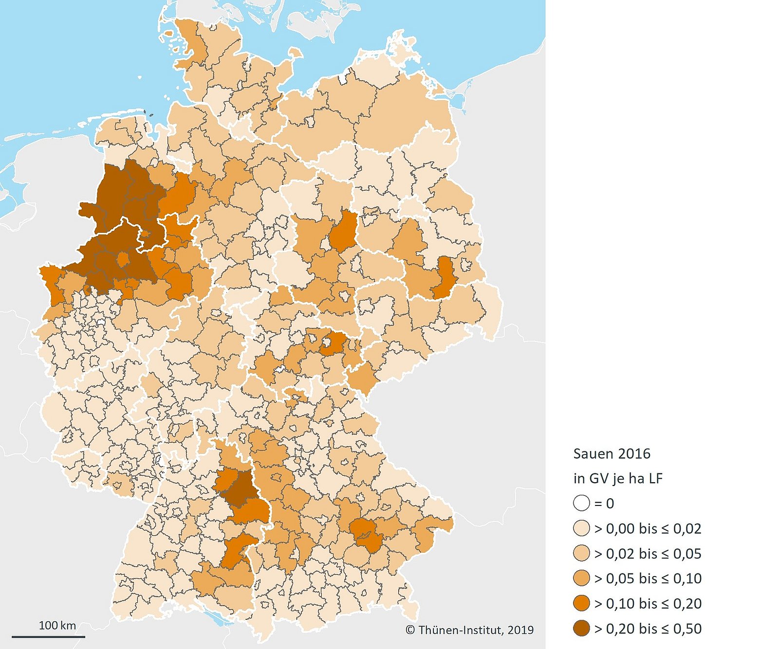 Grafik: Regionale Verteilung der Sauen inkl. Ferkel (in GV je ha LF) in Deutschland 2016. Klick führt zu Großansicht in neuem Fenster.