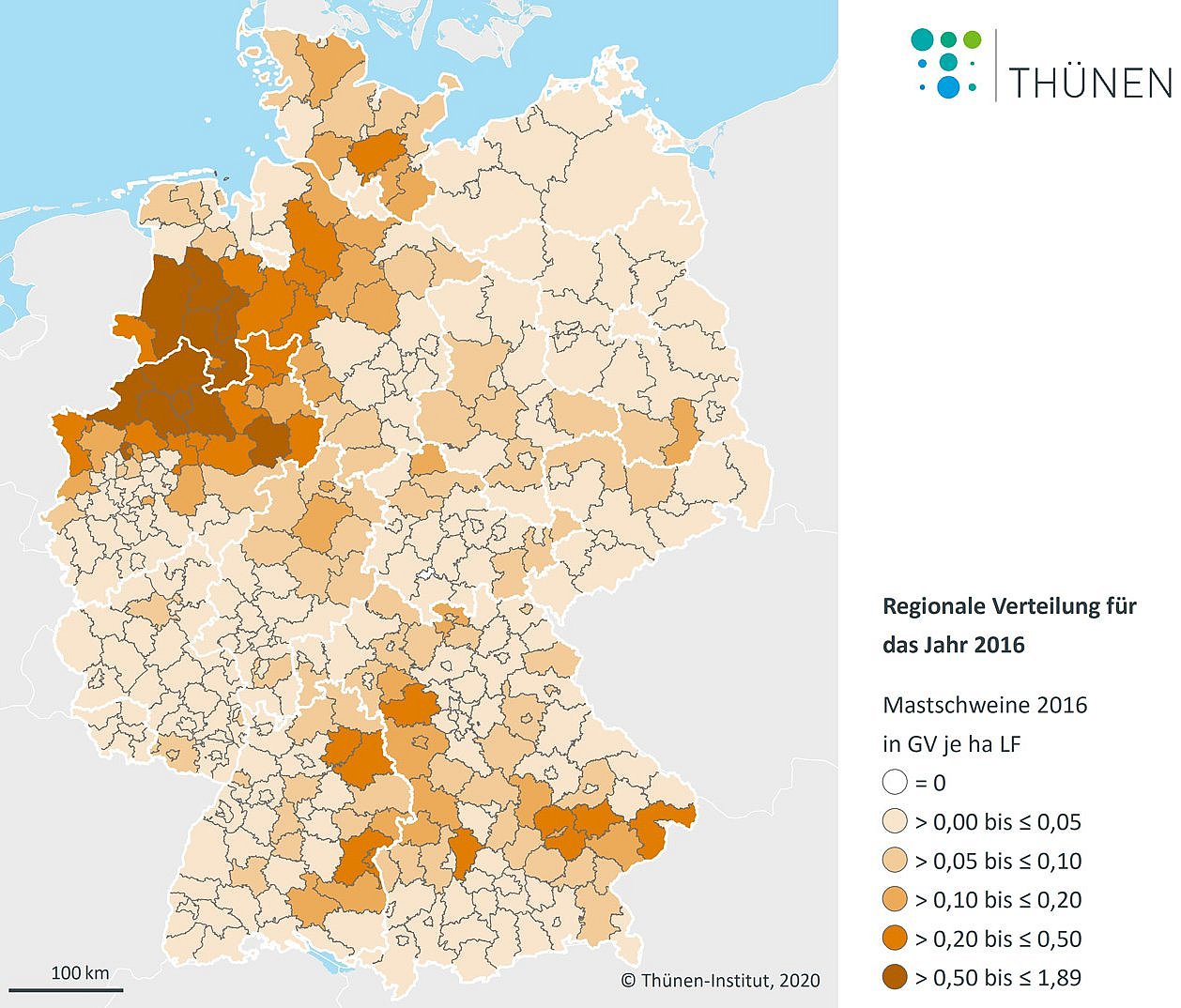 Deutschlandkarte mit Angaben zur egionalen Verteilung der Mastschweine. Klick führt zu Großansicht im neuen Fenster.